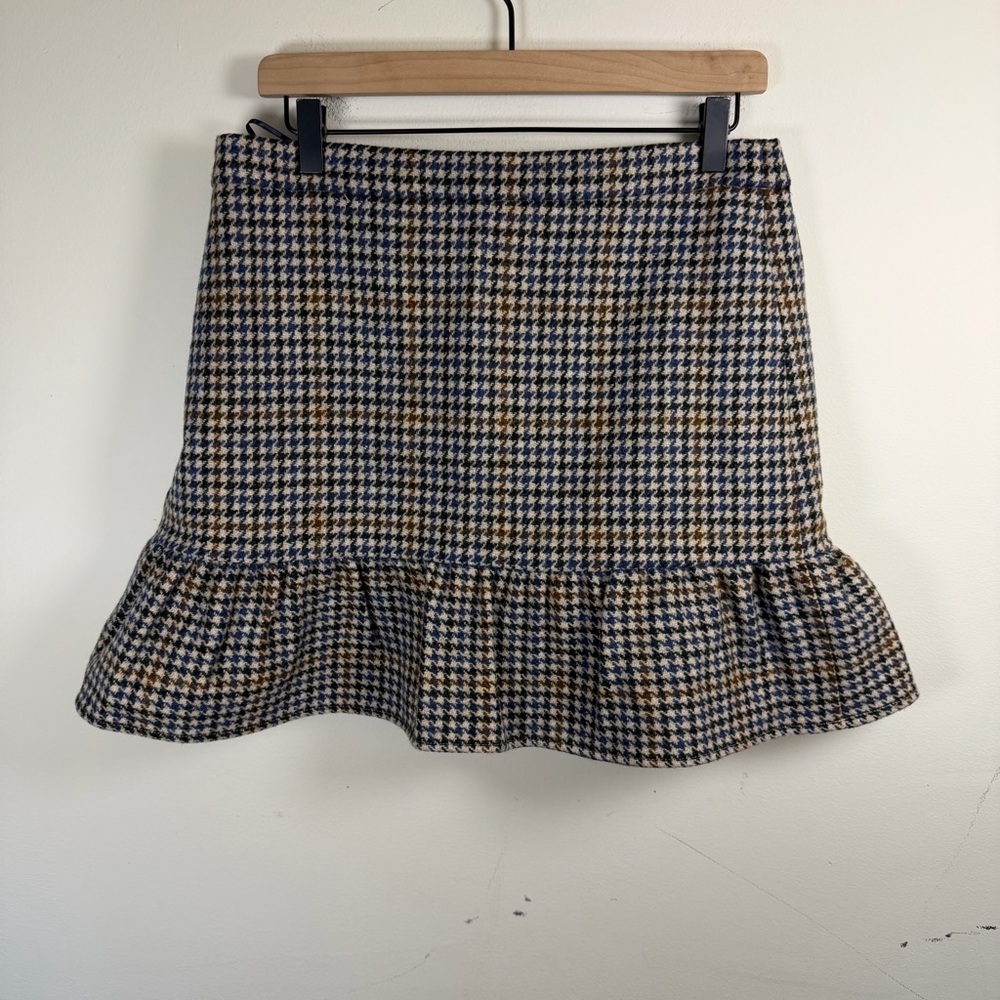 NWT J Crew 100% Wool Plaid Ruffle Hem Mini Skirt Blue Brown Size 12 Houndstooth - Picture 4 of 8